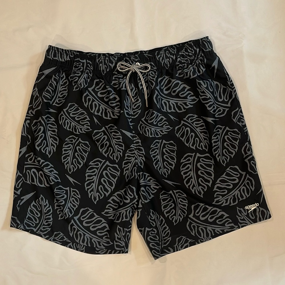 Men’s Speedo Swim Trunks, XL, Black and Gray tropical leaf print